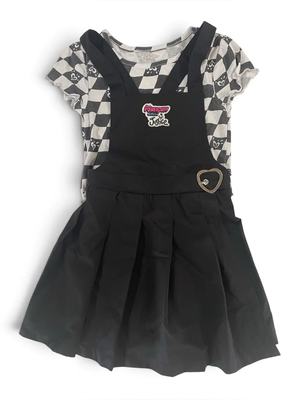 Justice Power Puff Girls Black Pleated Pinafore with Checker Tee Size XS